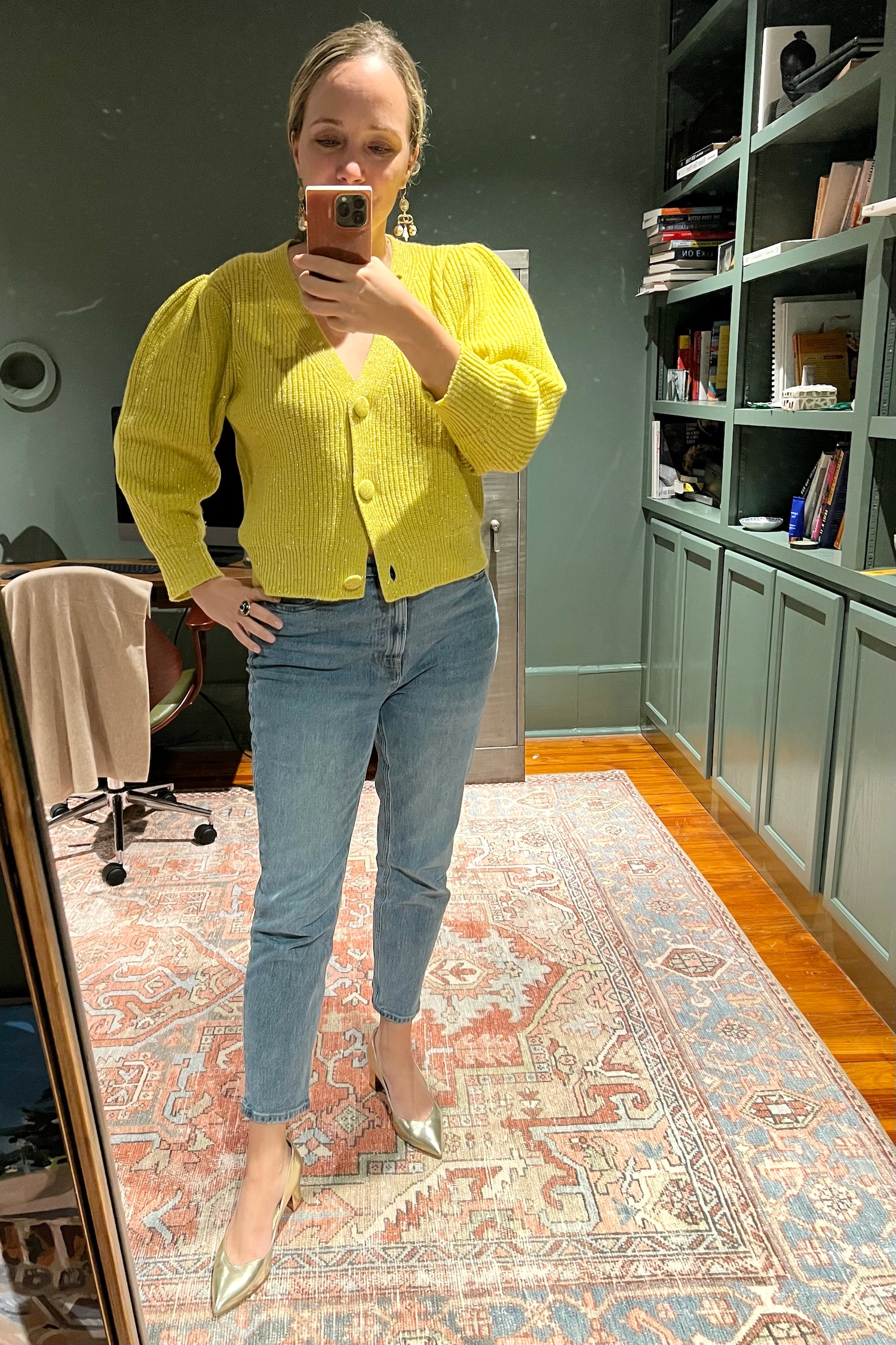 Le Lion Cardigan Le Lion Cardigan, Everlane Jeans, Sarah Flint Pumps